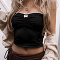 Lace-trimmed strapless top with a contrast bow, perfect for Y2K fashion