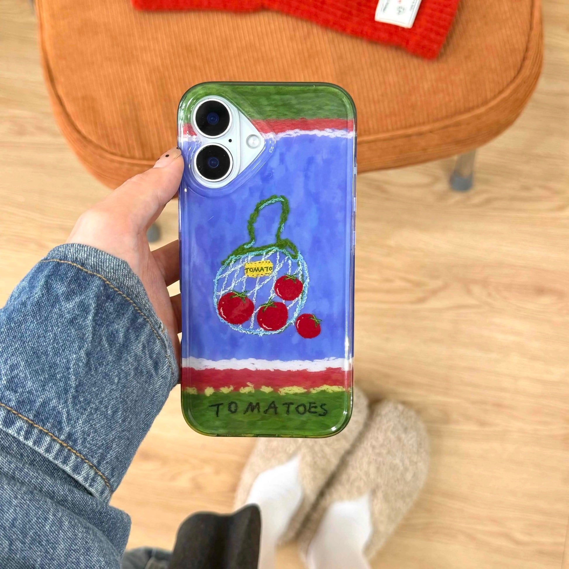 Front view of the Tomato Art iPhone Case showcasing the 3D vintage tomato painting design