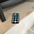 Image of the case on an iPhone, demonstrating the snug fit and stylish appearance.