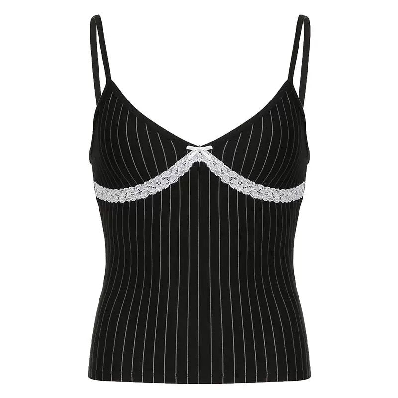 Contrast lace patchwork Y2K crop top with adjustable spaghetti straps