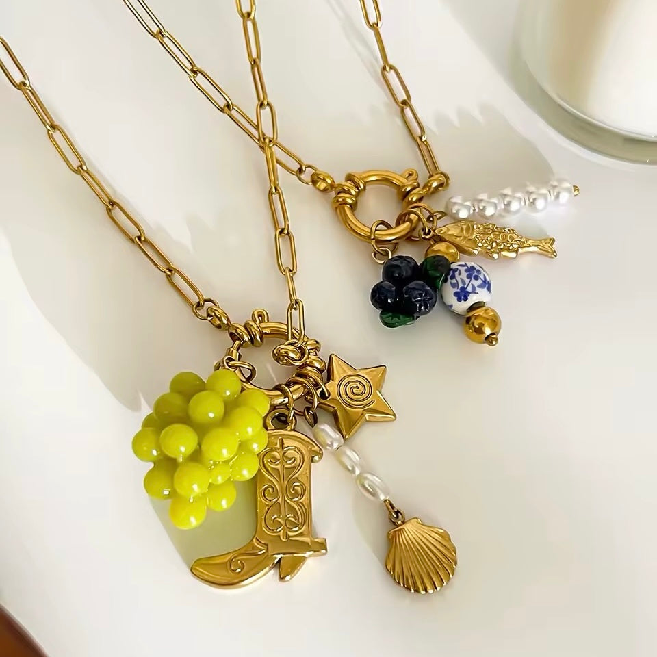 Elegant imitation pearl grape necklace with stainless steel chain