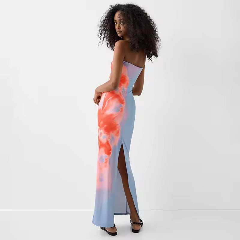 Summer tube top long dress in contrasting red and blue