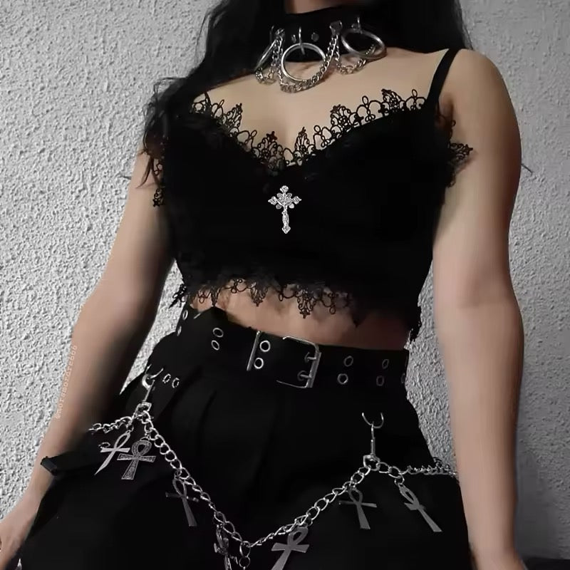 Gothic velvet crop top with lace trim and backless style