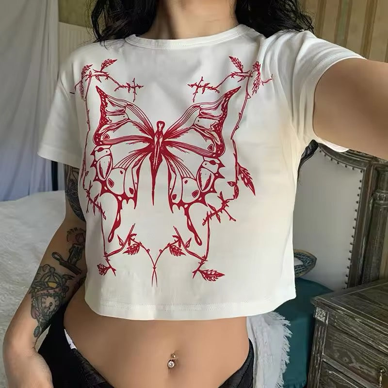 Fairy grunge aesthetic Y2K butterfly print crop top with short sleeves