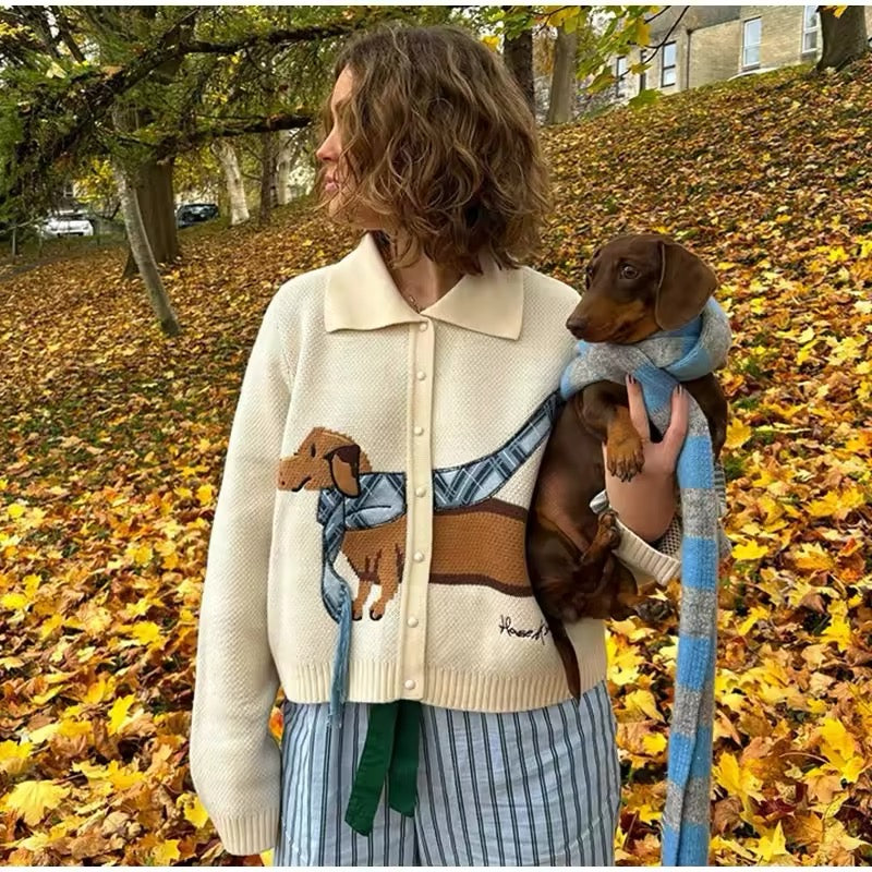 Chic dog print knit cardigan with long sleeves and buttons, cozy fall winter sweater coat for women with animal pattern design