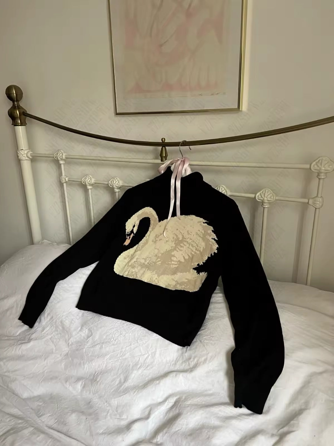 Kawaii knitted swan sweater styled with plaid skirt