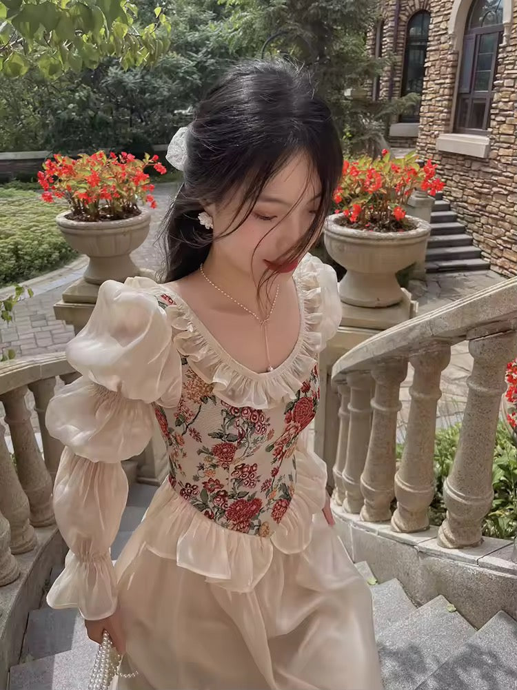 Vintage Fairy Dress in cream color with floral bust detailing