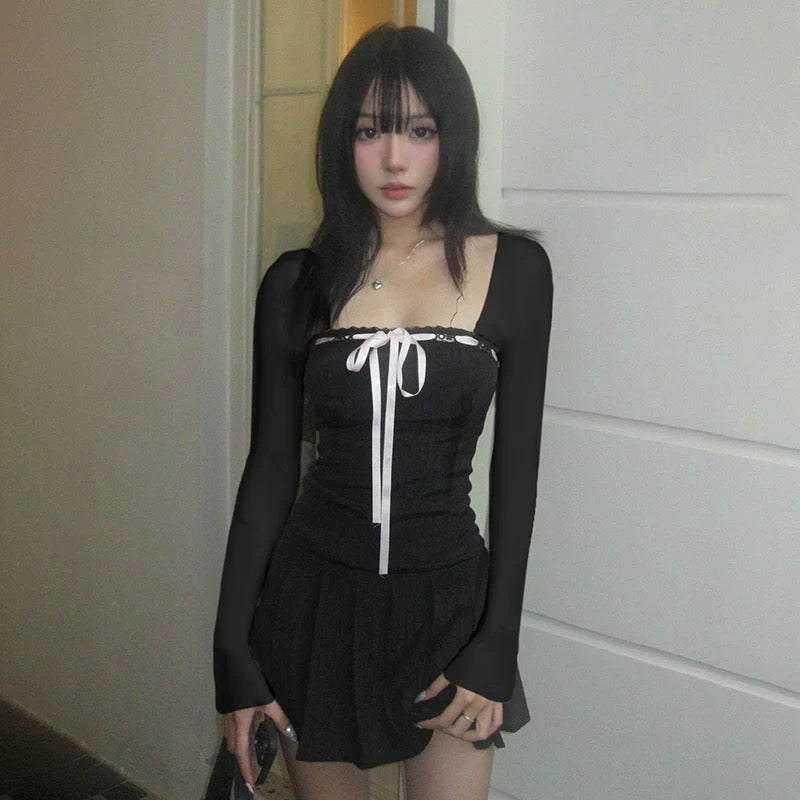 Black Coquette Mini Dress Elegant Balletcore Dress Aesthetic AGCW Black Coquette Mini Dress Elegant Balletcore Dress Aesthetic AGCW