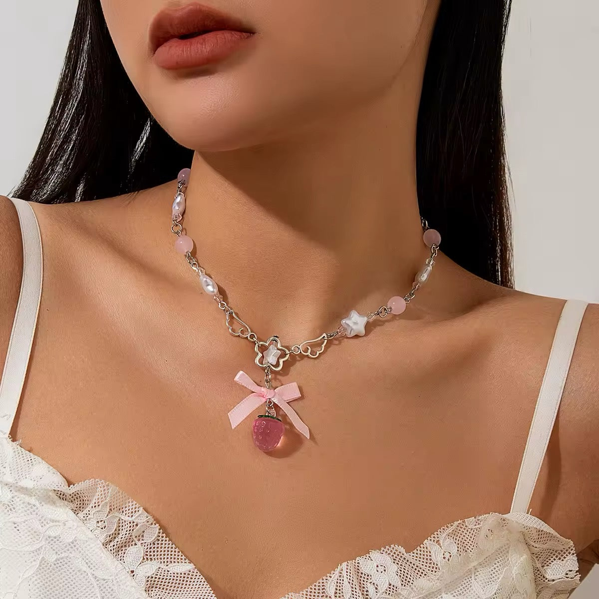 Cute strawberry and bow necklace for lolita and kawaii fashion