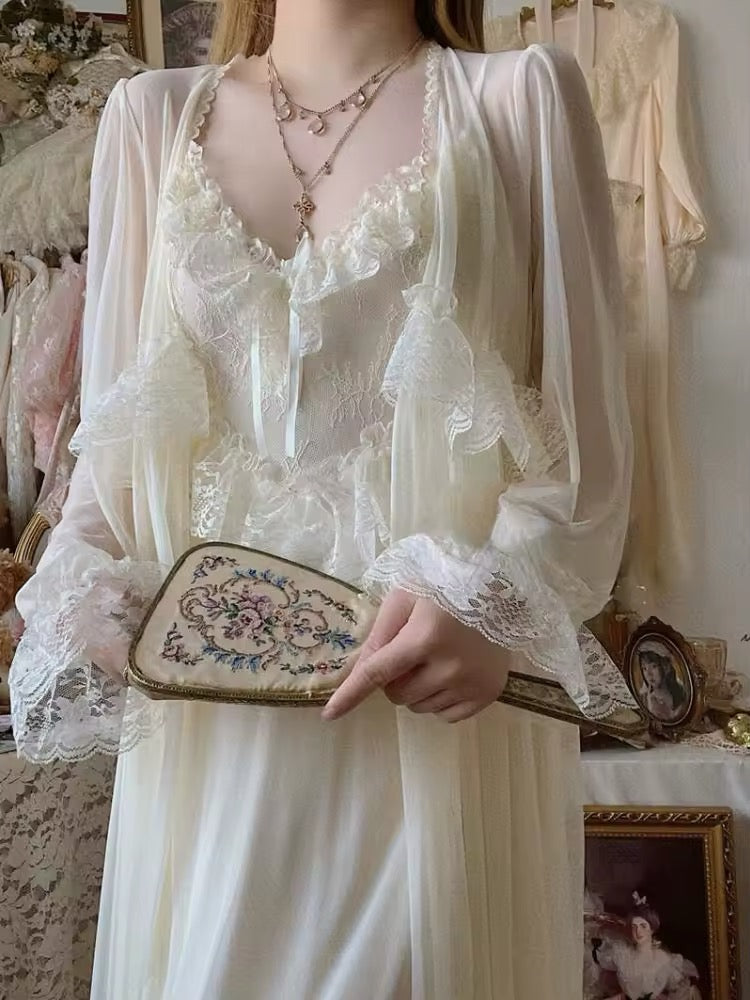 Close-up of lace and bow accents on the nightdress bust