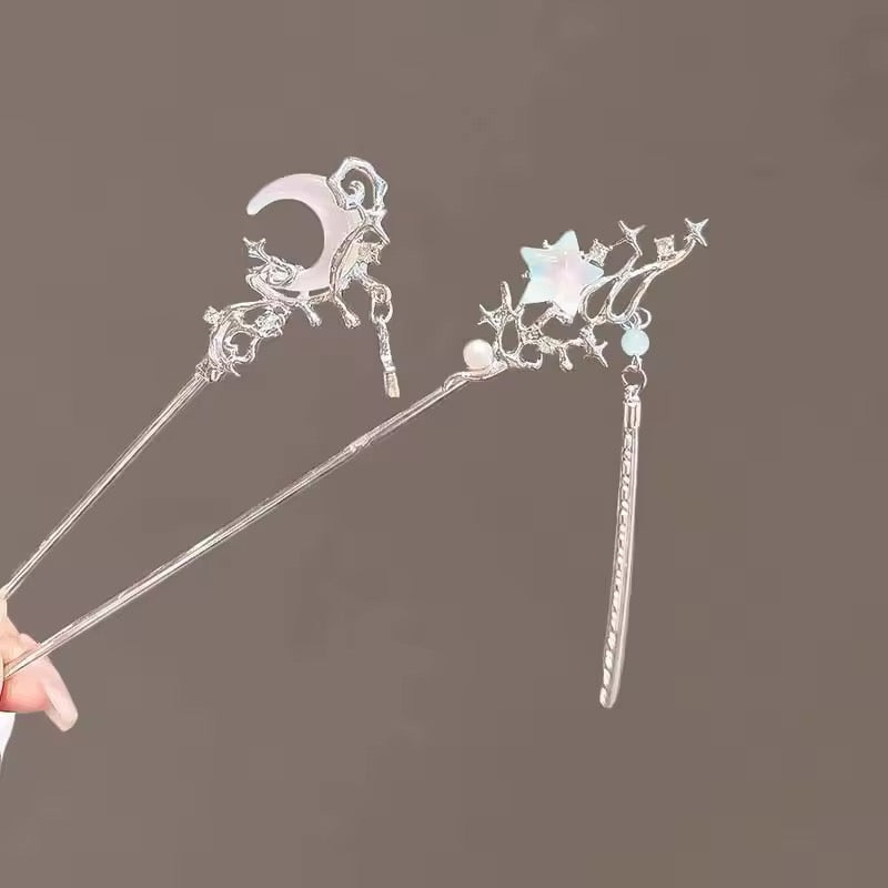 Fairycore moon hair stick with a delicate moonstone and tassel