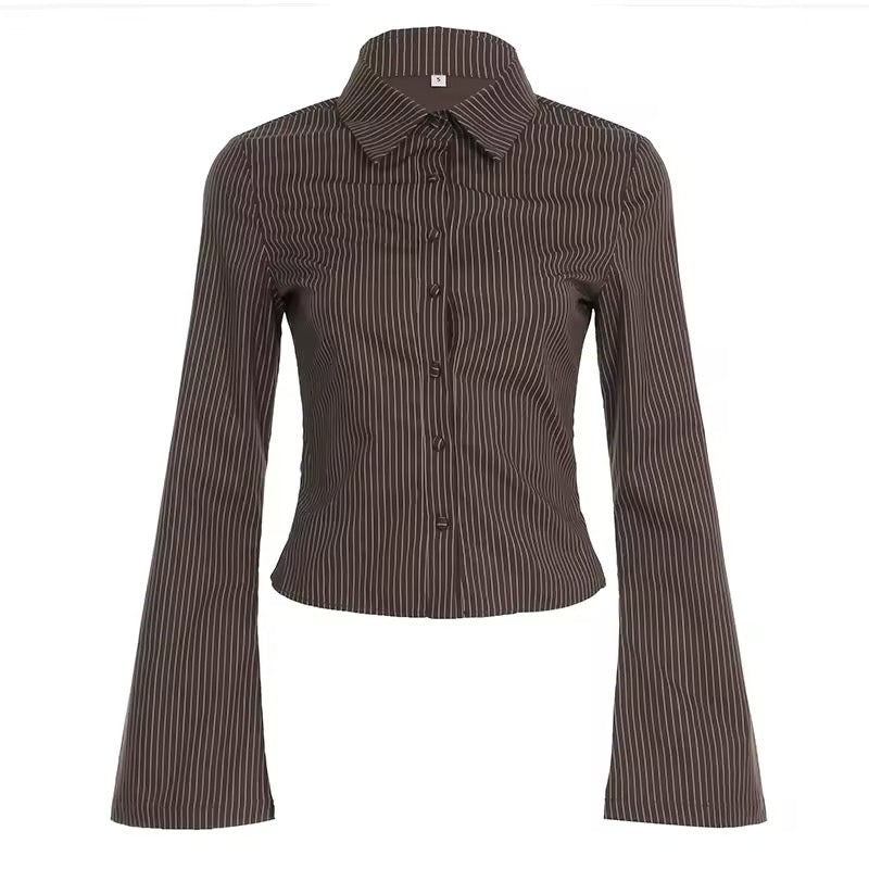 Elegant office core blouse with flared sleeves in brown