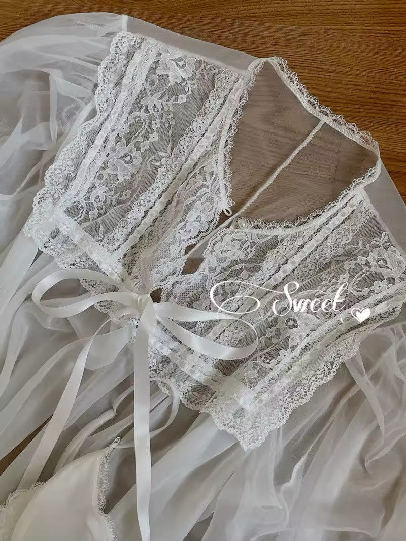 Elegant white fairy night dress with lace and mesh layers for women