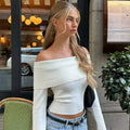 White off shoulder ribbed knit top for autumn fashion