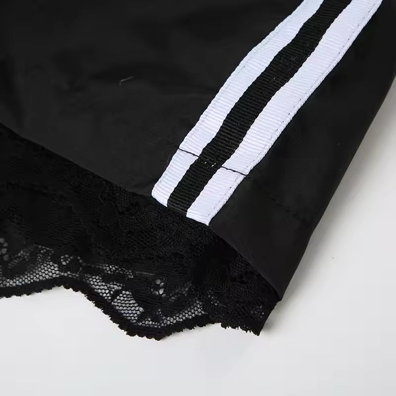 Harajuku aesthetic shorts with contrast stripes and soft lace edges