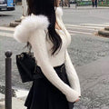 Y2K white knit hoodie with fur trim