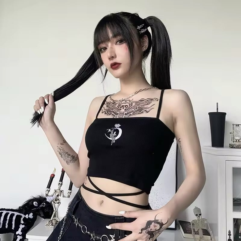 Witchy crop top with gothic white print on chest