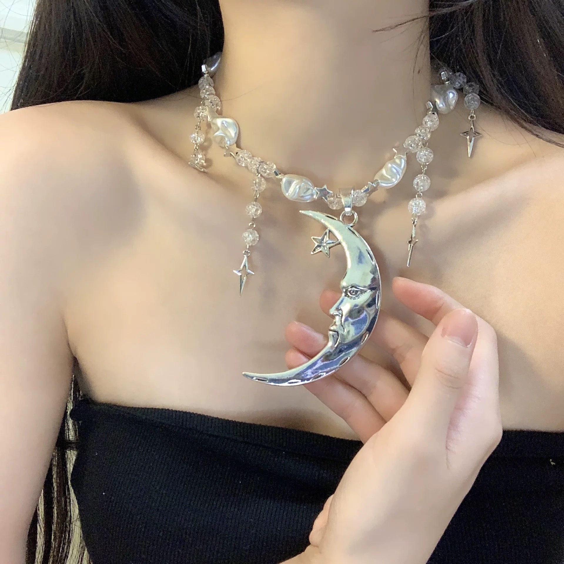 Witchy moon necklace featuring a celestial star pendant and elegant pearl choker, designed for Y2K aesthetic lovers, gothic fashion, and spiritual jewelry