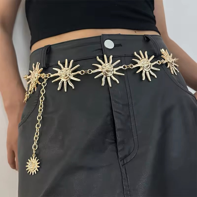 Witchy gold waist chain belt with moon, sun, and star charms for women
