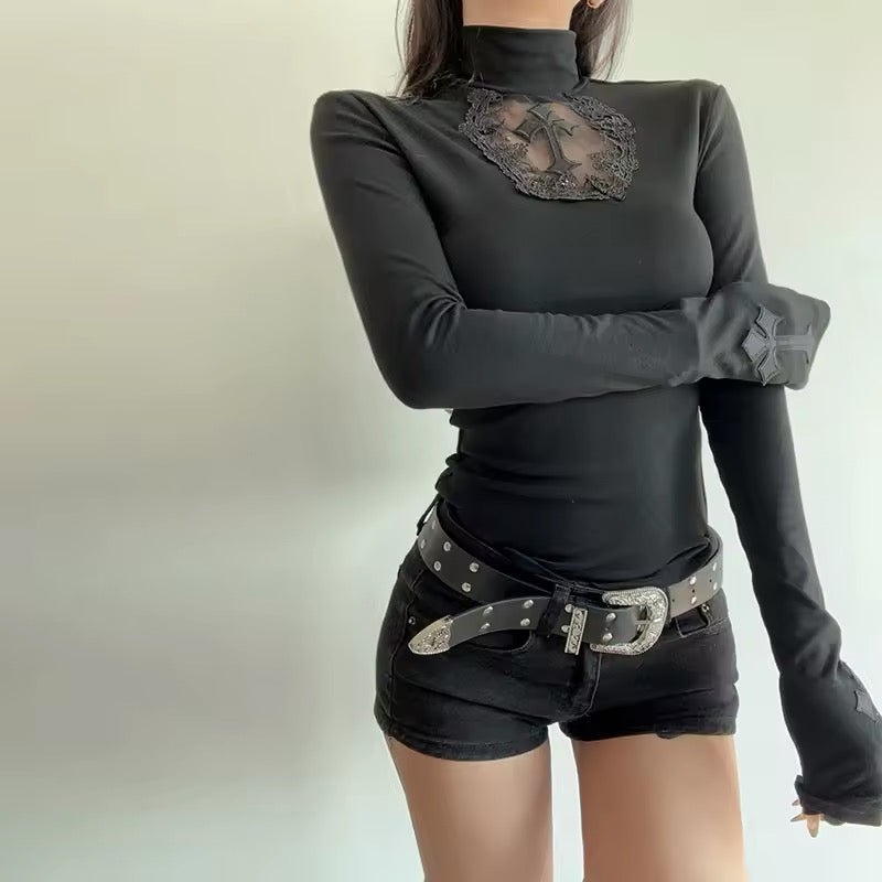 Edgy black high-neck top with gothic inspiration