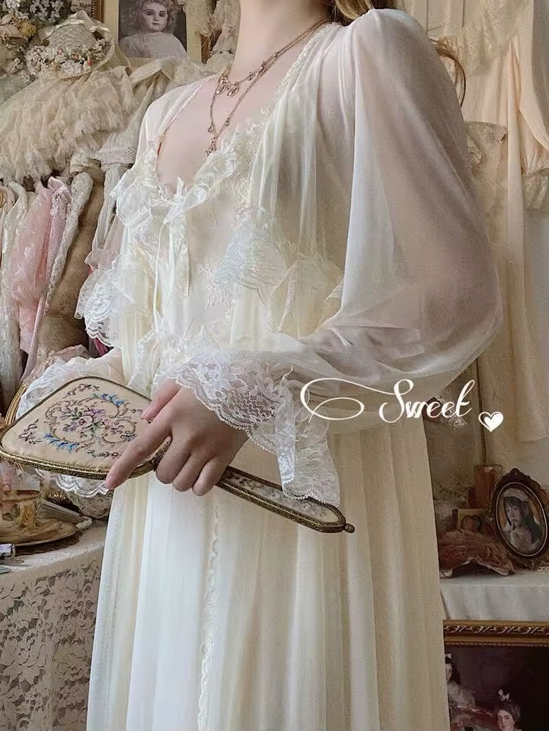 Retro French court style dress featuring floral lace details