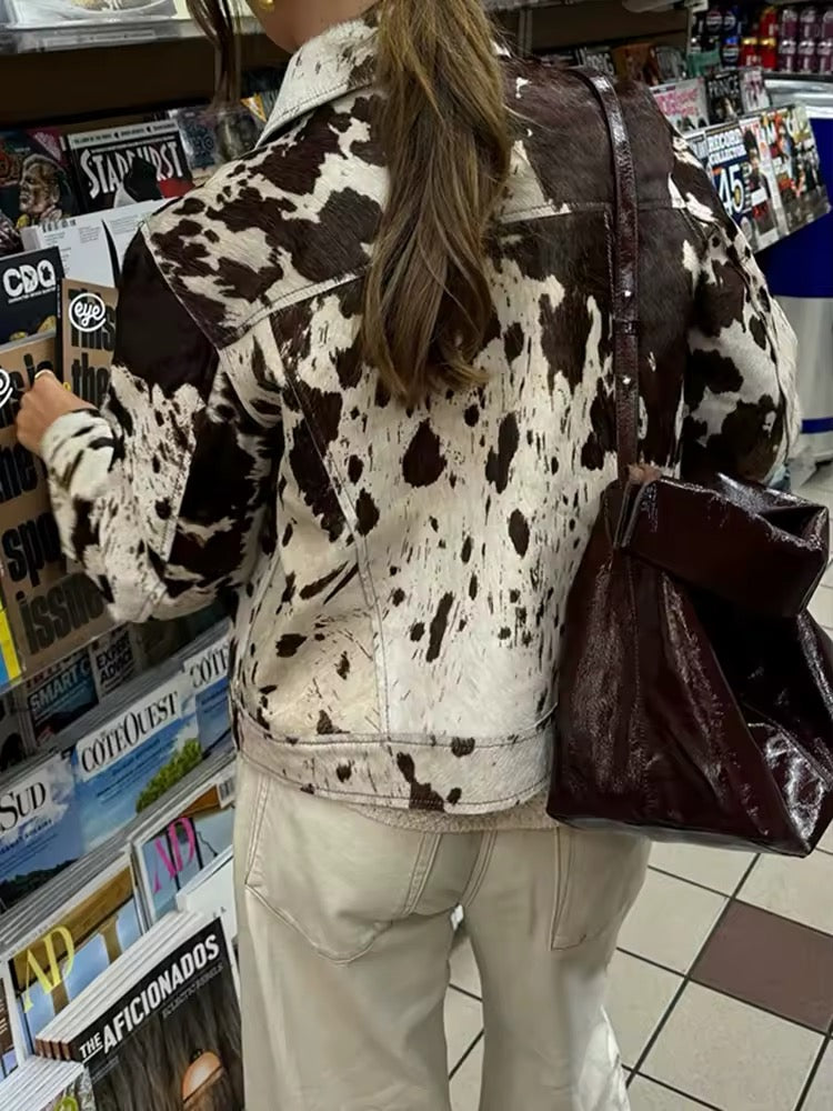 Cute animal print outerwear with single breasted buttons and turn-down collar, cozy and stylish cow print jacket for women