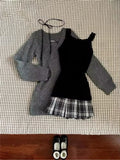 stylish coquette outfit with v-neck and plaid mini skirt