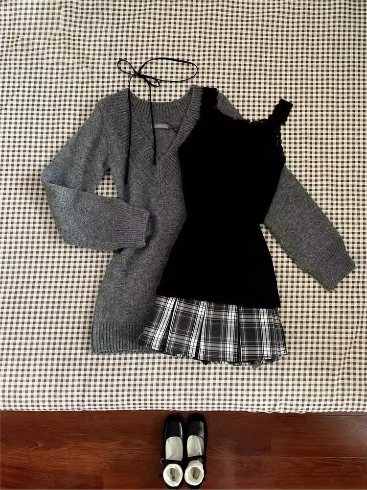 stylish coquette outfit with v-neck and plaid mini skirt