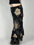 Close-up of the mesh fabric highlighting the intricate dark floral print.