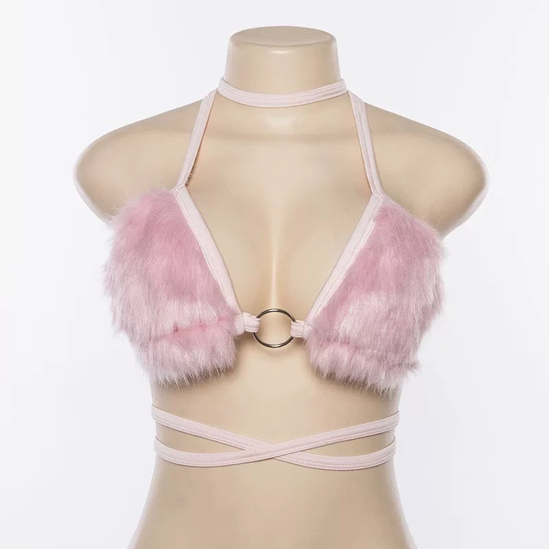 Aesthetic Y2K backless pink tank top, soft fleece crop top, sexy sleeveless vest with choker, designed for kawaii soft girl and 2000s fashion lovers