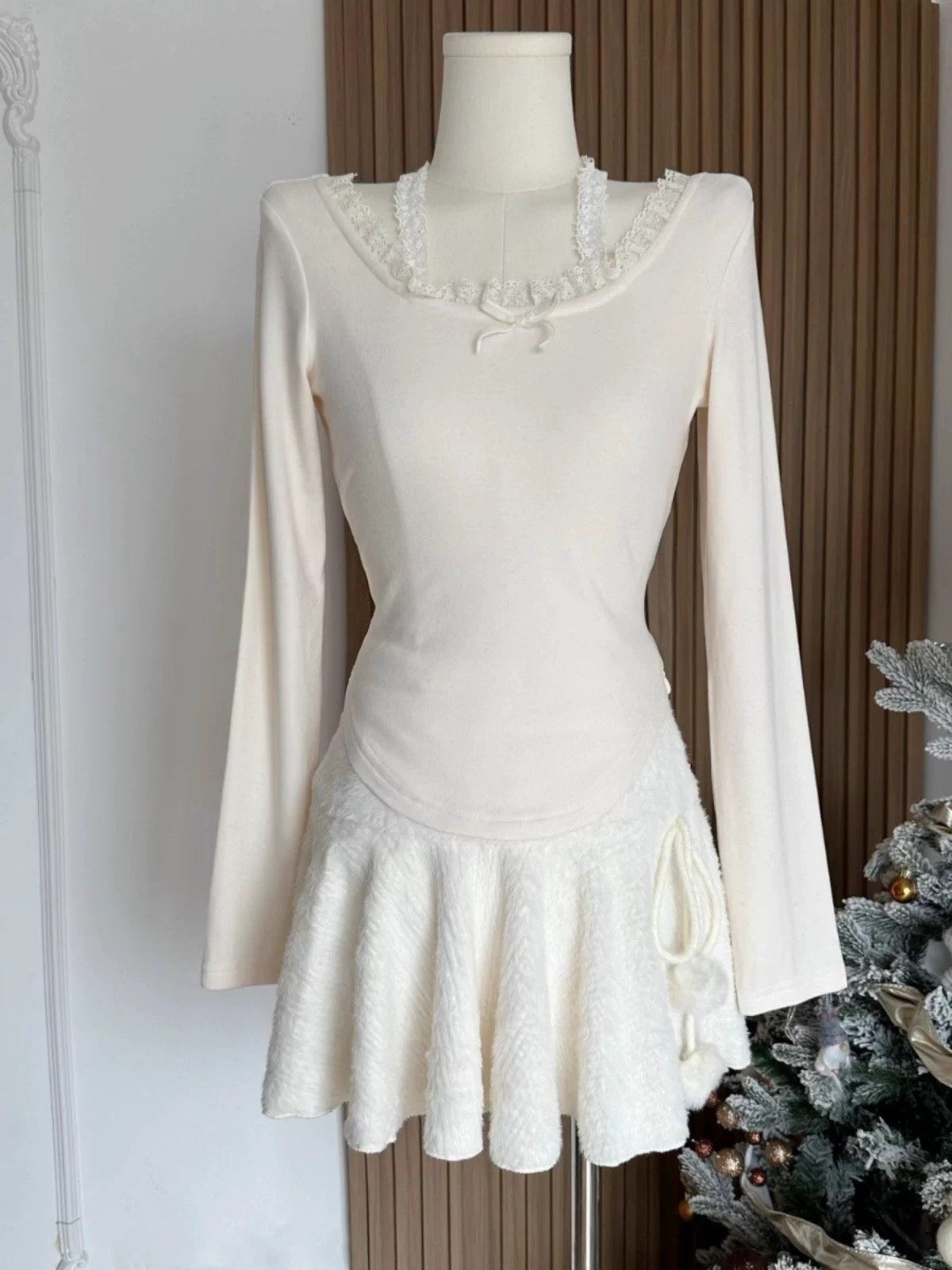 Close-up of lace-up detail on white vanilla skirt