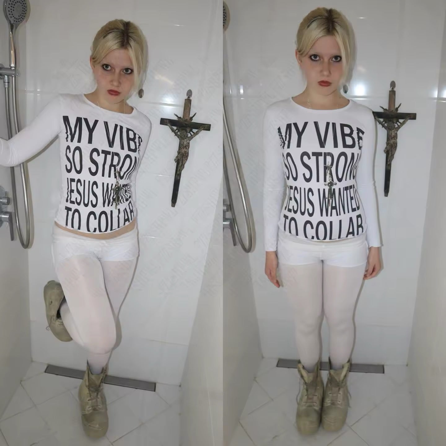 Alt style grunge long sleeve shirt for women with cross and bold typography