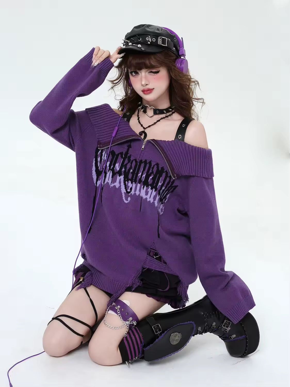 Gothic off shoulder long sleeve sweater with punk lettering and ripped details