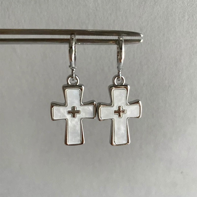 Pink cross statement earrings for women, gothic and EMO fashion accessory perfect for Y2K aesthetic party outfits
