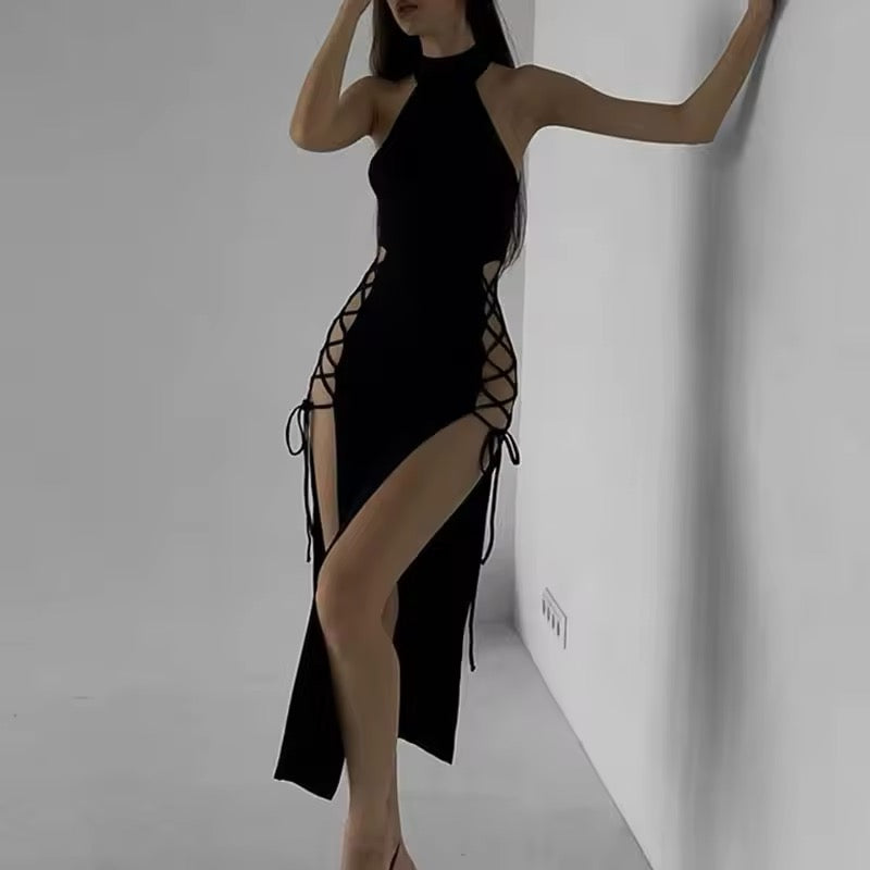 Front view of gothic high-slit dress with slim fit