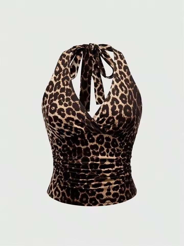 Leopard print halter top on a light gray background