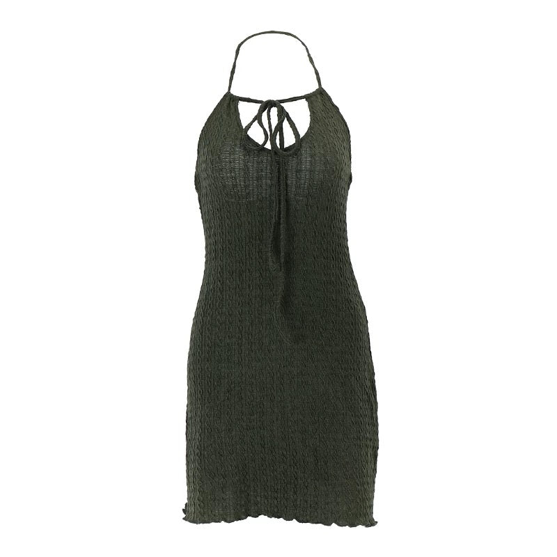 Cottagecore Green Mini Dress Knitted Halter & Backless AGCW Cottagecore Green Mini Dress Knitted Halter & Backless AGCW