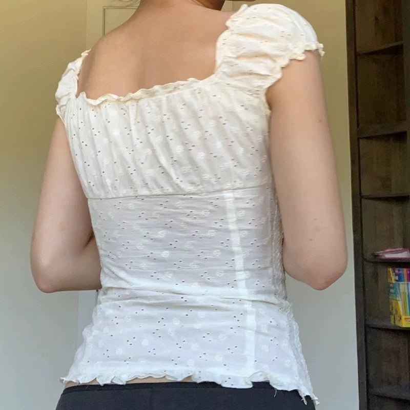 Soft girl white baby tee with V neckline and frill edges