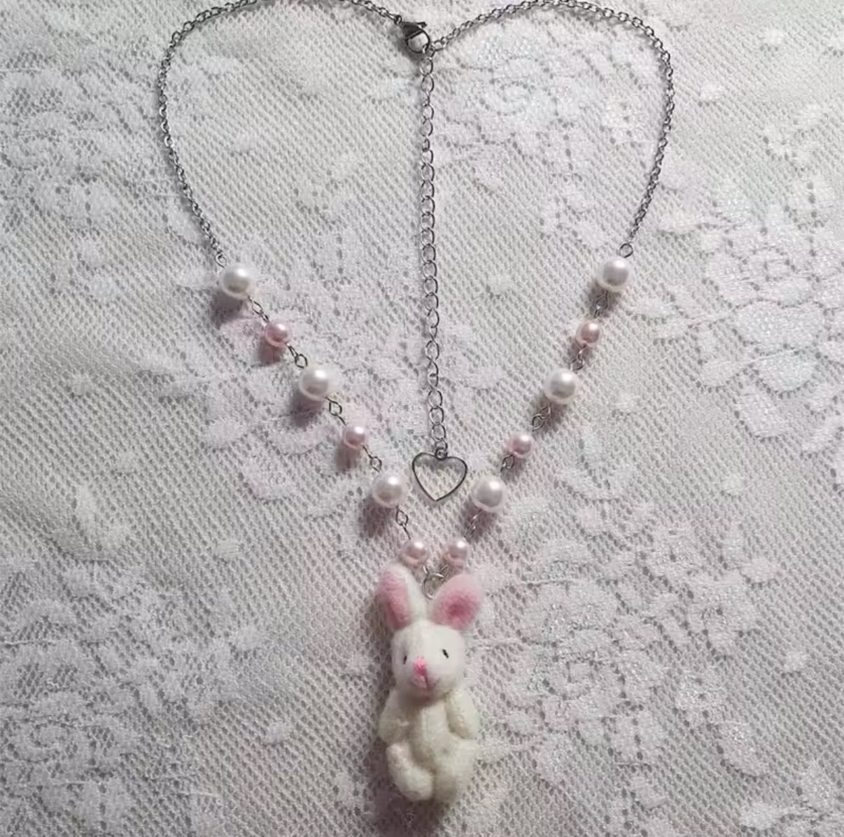 Balletcore bunny necklace with a soft plush pendant, Y2K aesthetic jewelry, perfect for coquette fashion and cute kawaii accessories