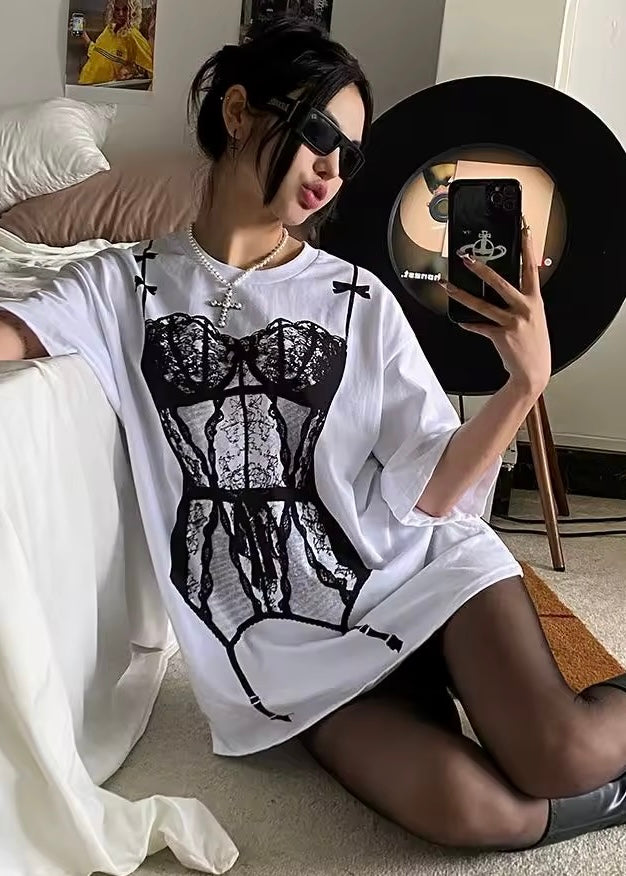 Funny bikini print oversized T-shirt for women, Y2K-inspired casual cotton tee ideal for punk fashion and American streetwear summer outfits