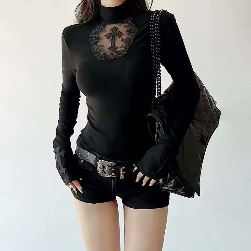 Gothic Cross Long Sleeve Top – Y2K Alt Black Shirt – AGCW