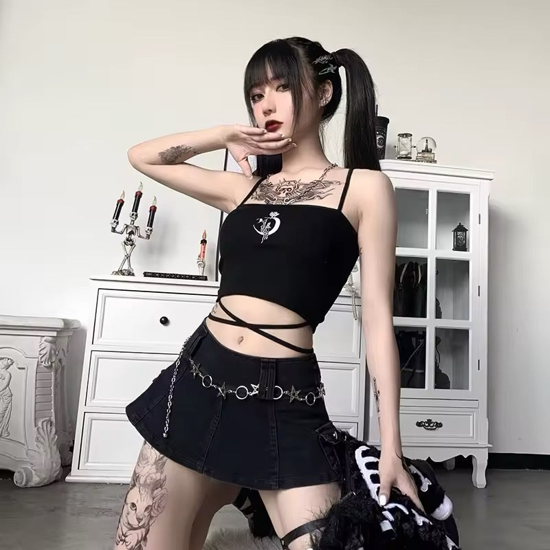 Black gothic tank with square neck and waist ties