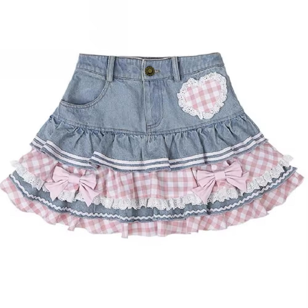Harajuku sweet lolita skirt featuring tiered lace and pastel bows