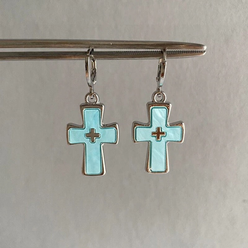 Y2K-inspired pink cross earrings featuring large crystal pendants, bold party accessories for gothic and EMO fashion fans