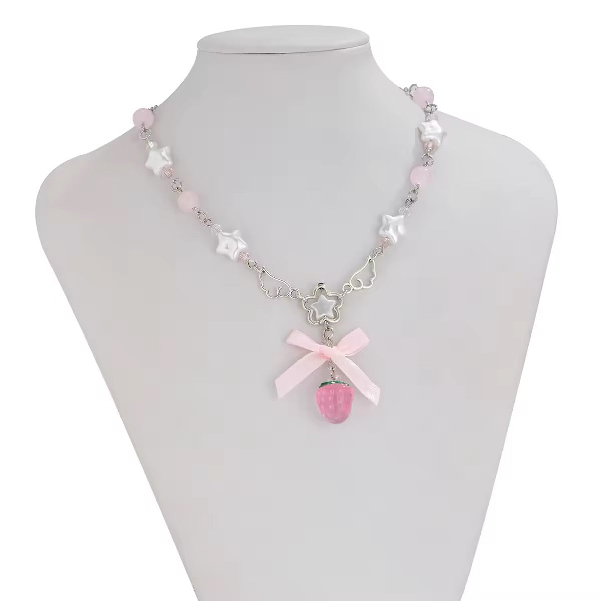 Vintage-inspired pink and white strawberry pendant choker
