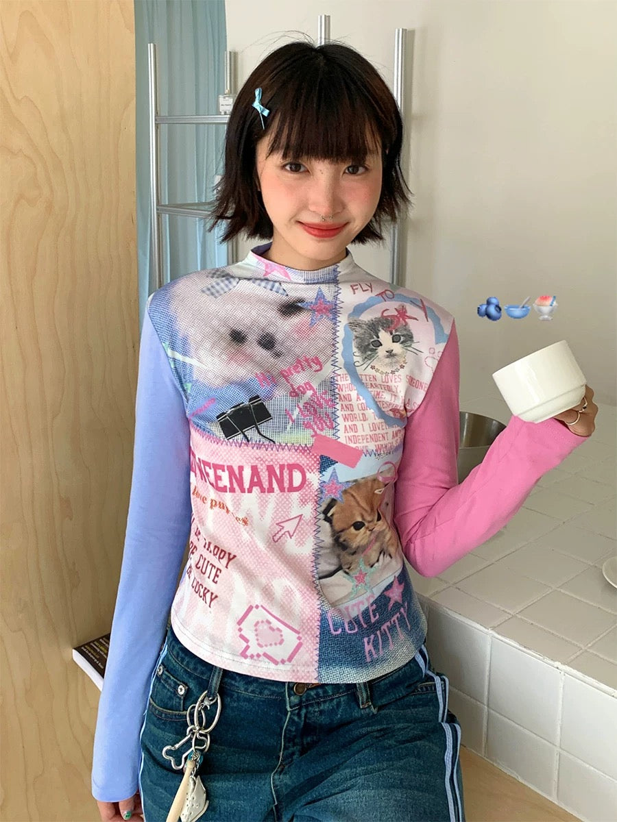 Vintage American retro pet print long sleeve tee, Y2K patchwork t-shirt, soft girl aesthetic dopamine fashion streetwear top, 2000s nostalgia fashion
