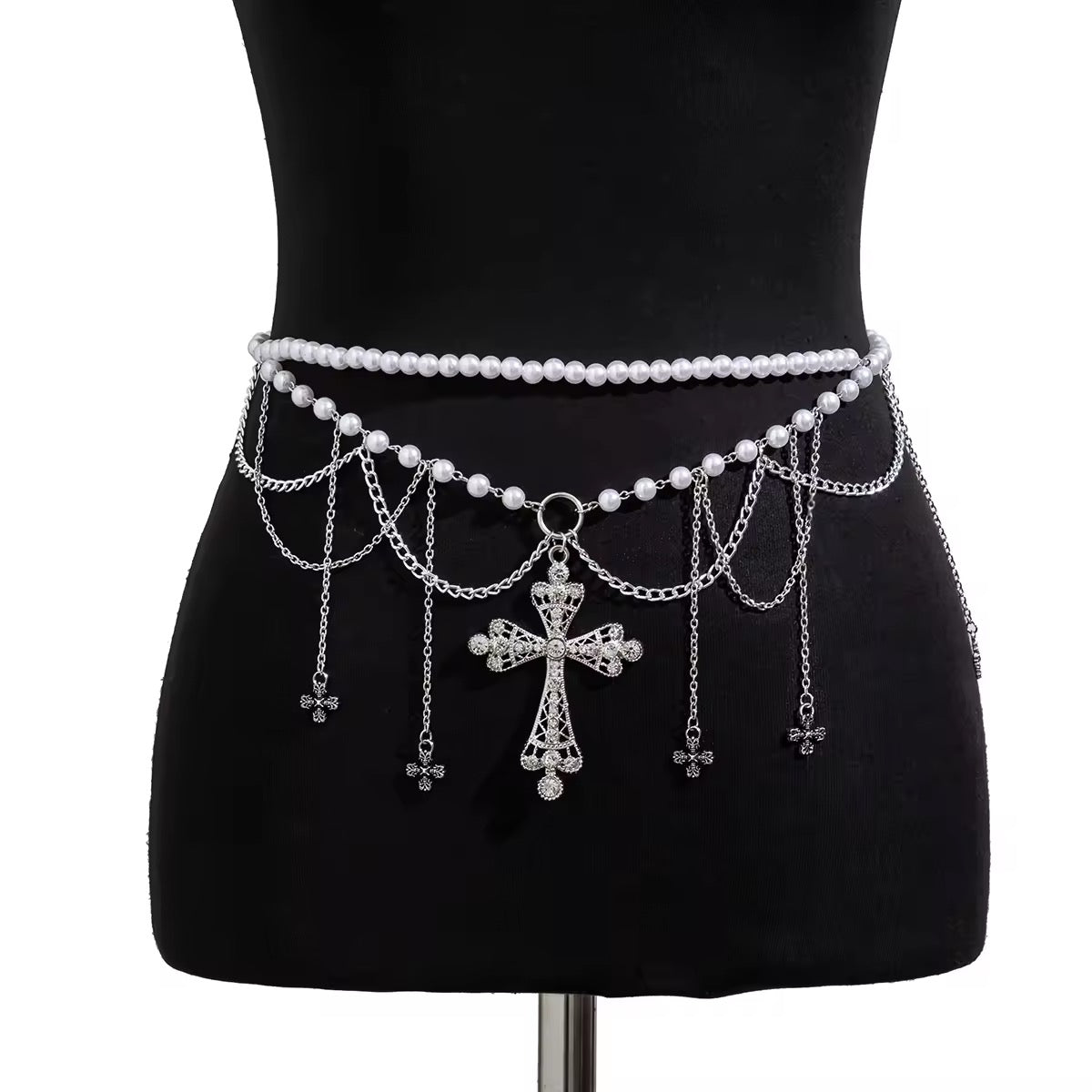 Y2K aesthetic waist chain with tassel charm and gothic accents for women
