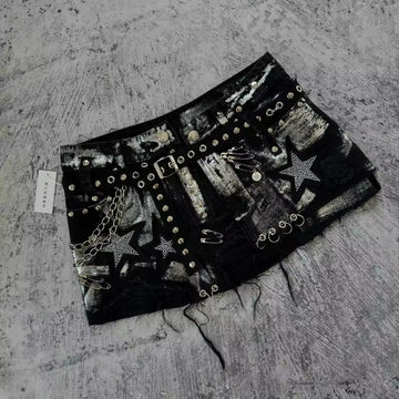 Black Y2K gothic mini skirt with chains, stars and safety pins, Harajuku style