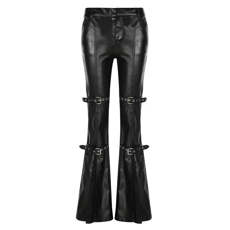 Sexy gothic aesthetic PU leather pants, high-waisted Y2K flared trousers with patchwork buckle straps and lace details for grunge streetwear fashion