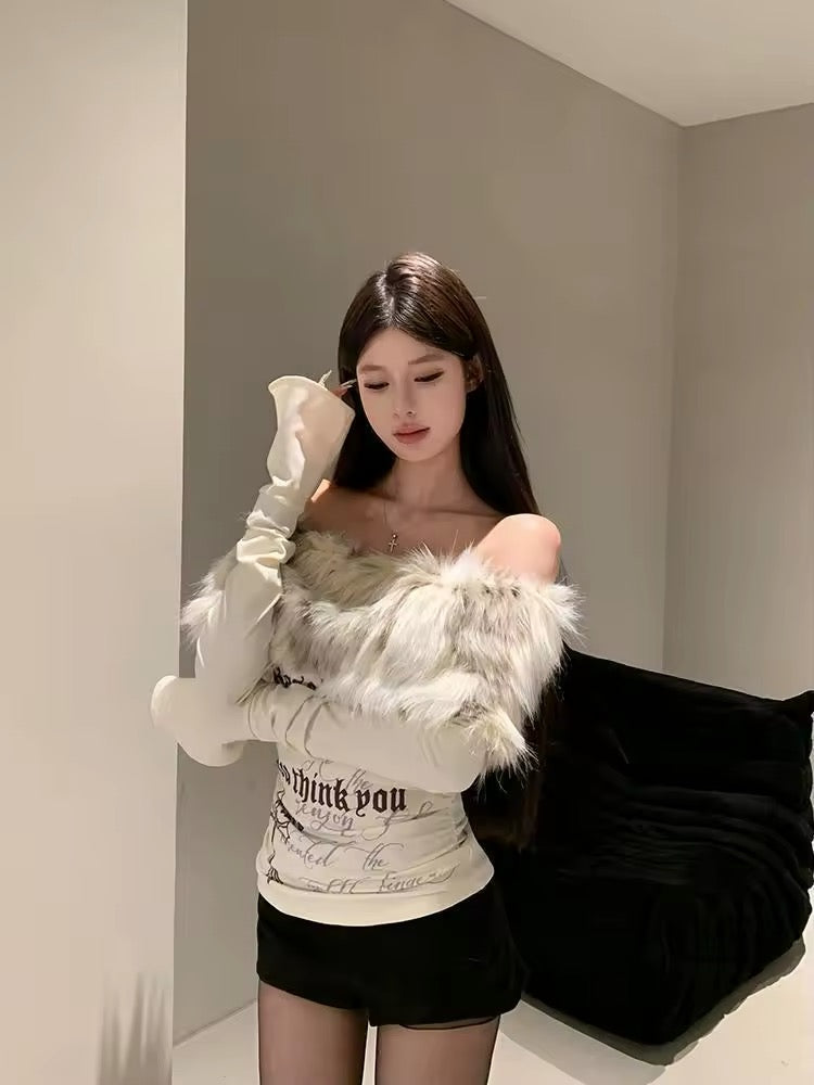 Y2K Off Shoulder Fur Top – Grunge Aesthetic Long Sleeve Crop Top